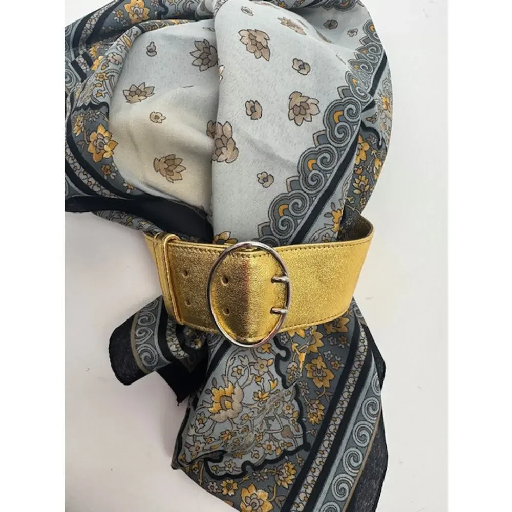 Prada Metallic Gold Leather Wide Statement Belt 36/85 Oval Buckle Made in Italy